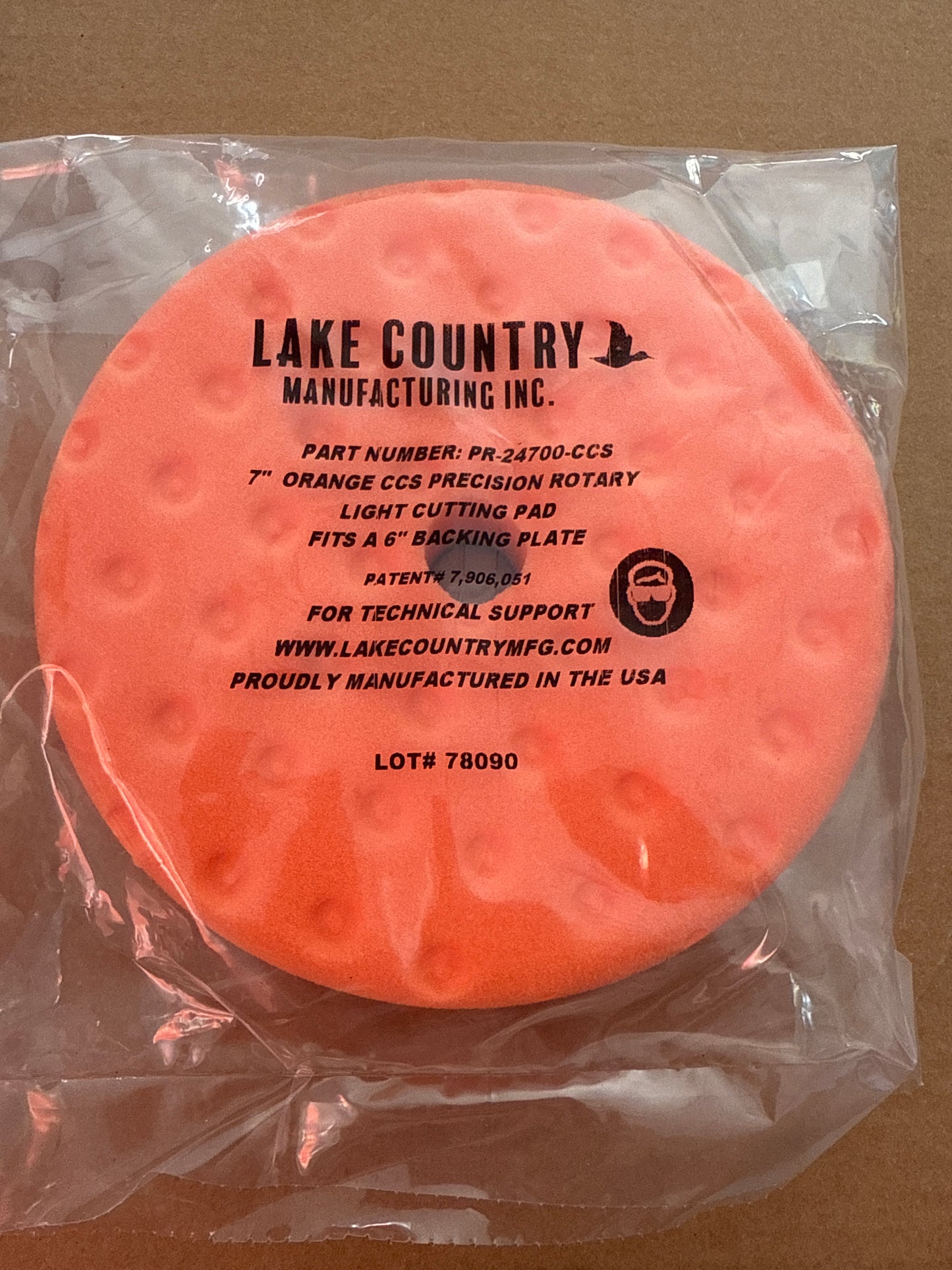 Lake country precision rotary Orange 7” light cutting pad, 6” backing plate